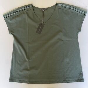 New Laura Ashley Cotton Khaki Green V-Neck Embroidered Eyelash Trim Top UK14US10